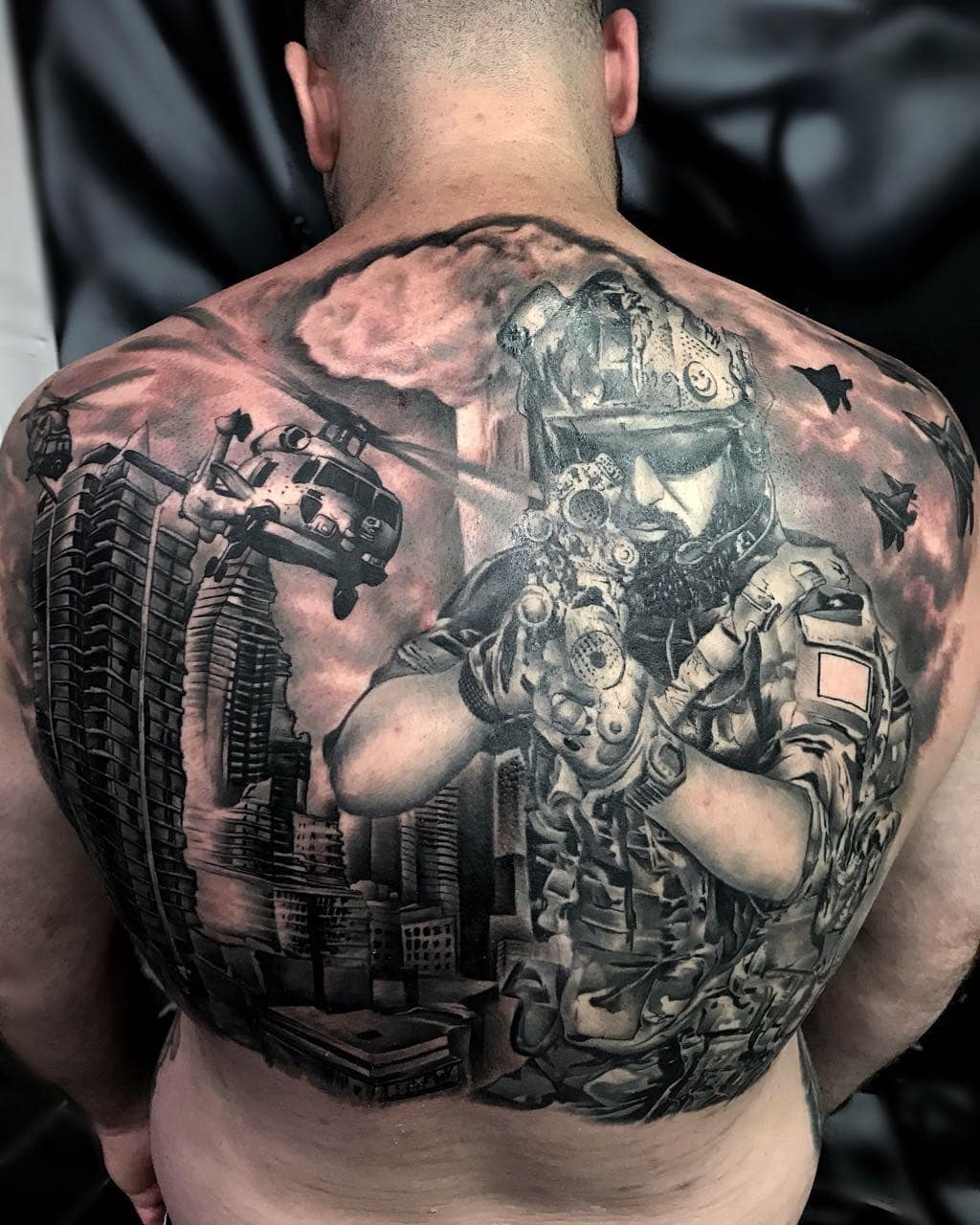 Black and grey realistic full arm sleeve tattoo of Romanian War soldiers  London UK